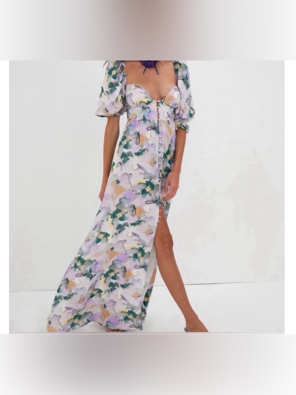 For Love And Lemons- Floral Puff-Sleeve Maxi Dress- Lavender & Green- Never Worn